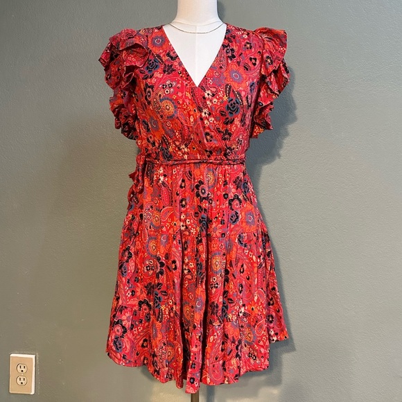 Angie Red Asymmetrical Wrap Sundress with Flutter Sleeves - Picture 1 of 3